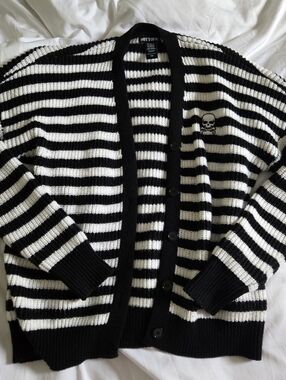 Women's Hot Topic Black & White Striped Skull Cardigan Sweater